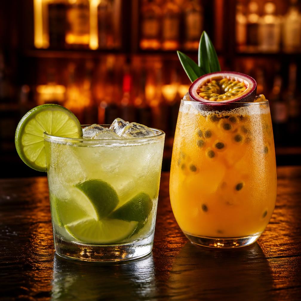 Caipirinha de limão e drink de maracujá sobre o balcão do lounge