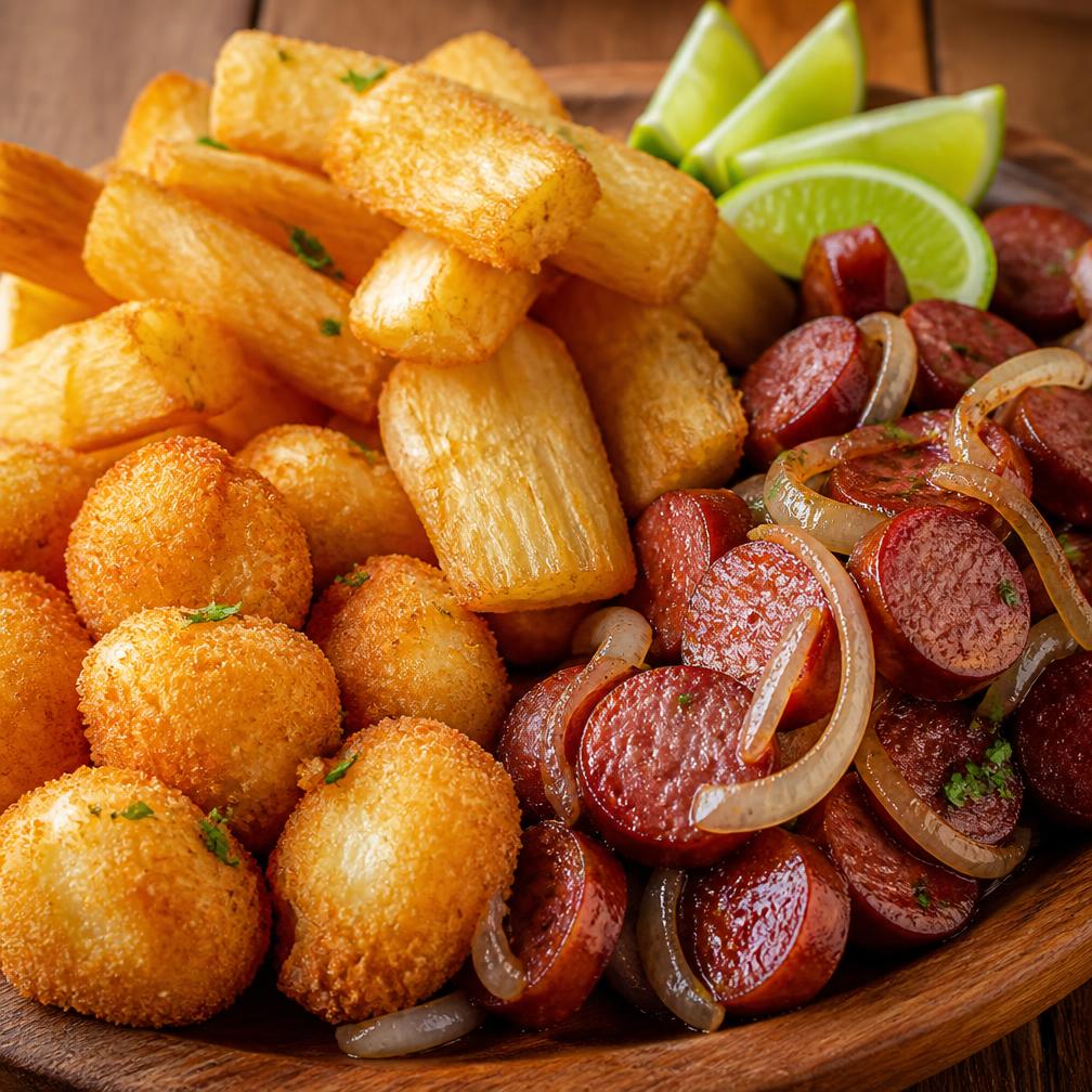Porção de entradas com aipim frito, bolinhos e calabresa acebolada