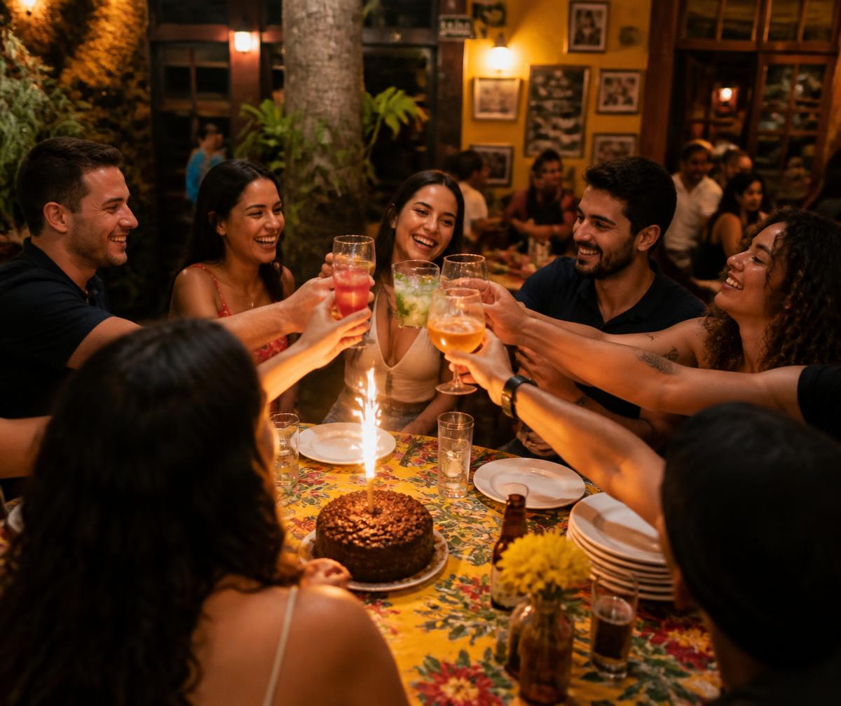 Grupo de amigos brindando em uma comemoração de aniversário no restaurante