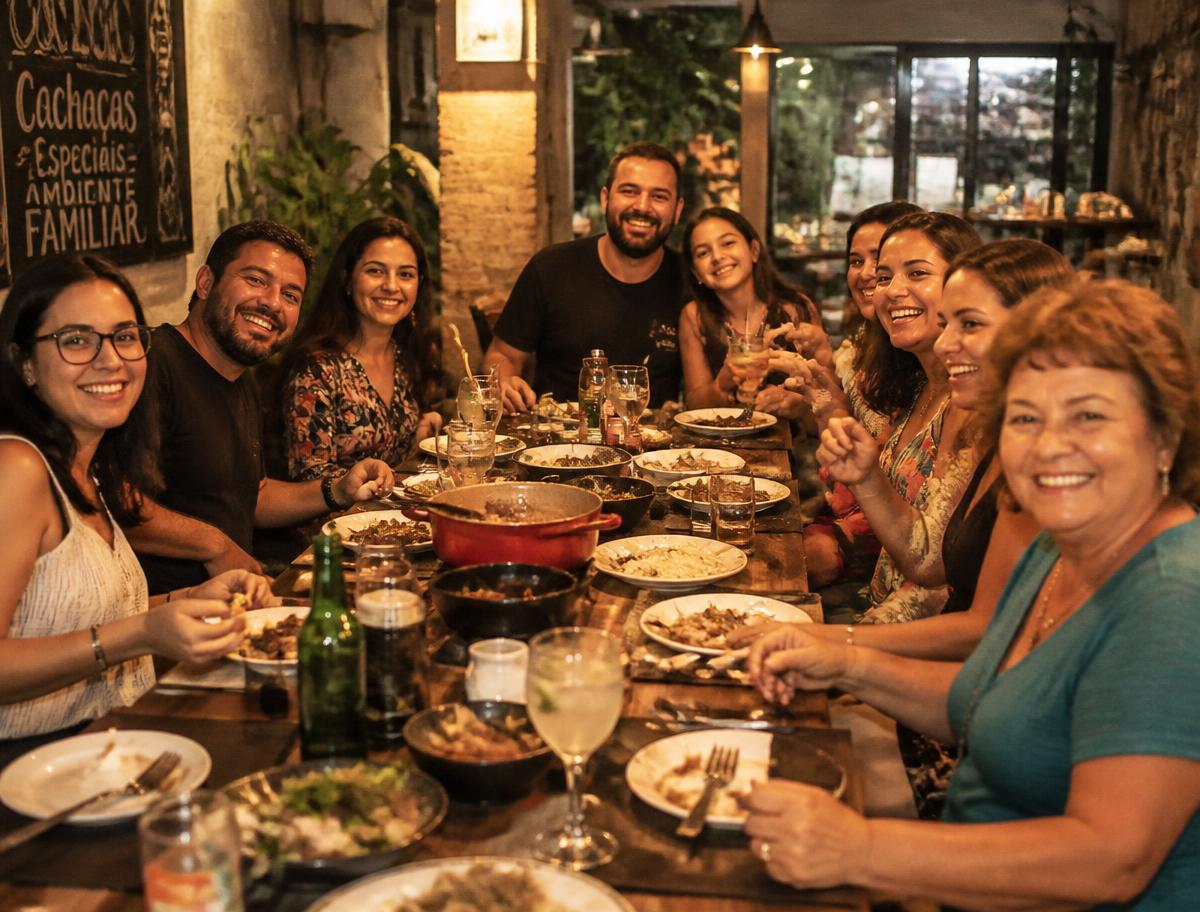 Família e amigos reunidos à mesa comemorando no restaurante