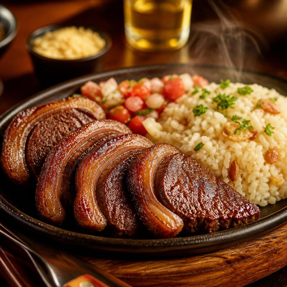 Prato de carne servido com arroz e vinagrete no Panelinha Carioca