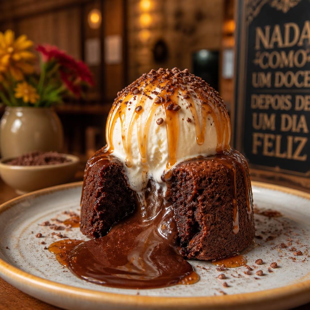 Bolo quente de chocolate com sorvete e calda de caramelo